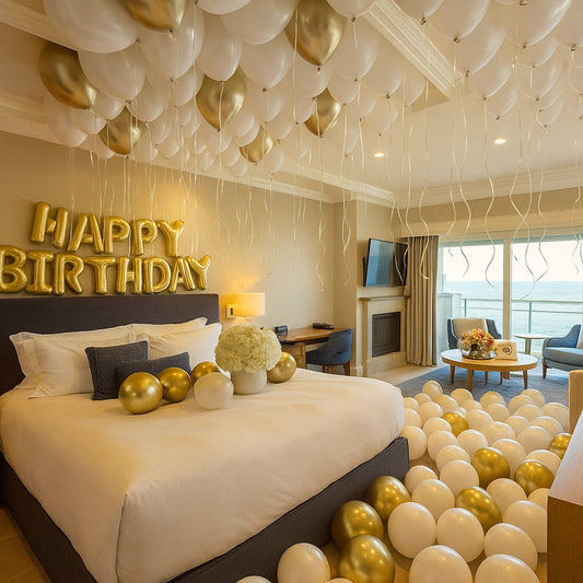 Birthday White and Chrome Gold Balloons Hotel Room Celebration Package