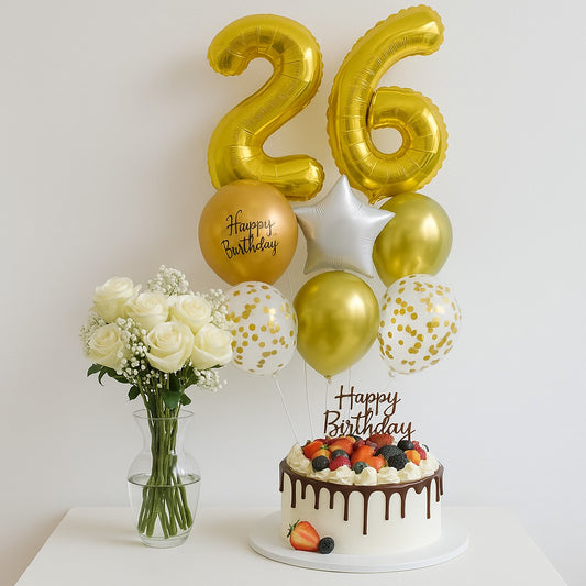 Classic Birthday Celebration Balloon Flower Cake Bundle (FREE Bonus Card)
