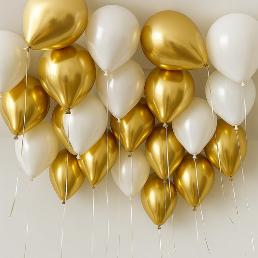 25 Chrome Gold and White Helium Ceiling Balloons