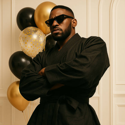 Man in a black robe with sunglasses standing in front of balloons against a beige wall.