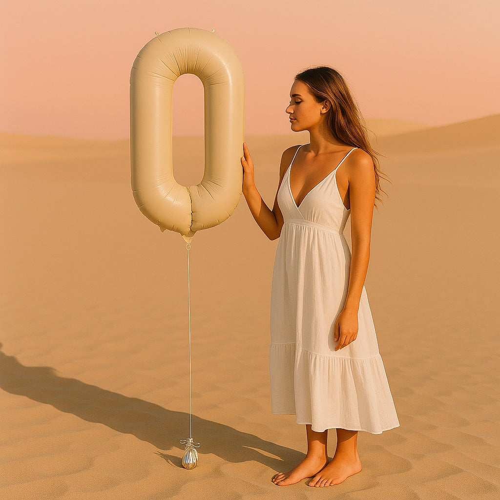 Woman in a white dress holding a large beige balloon in a desert setting