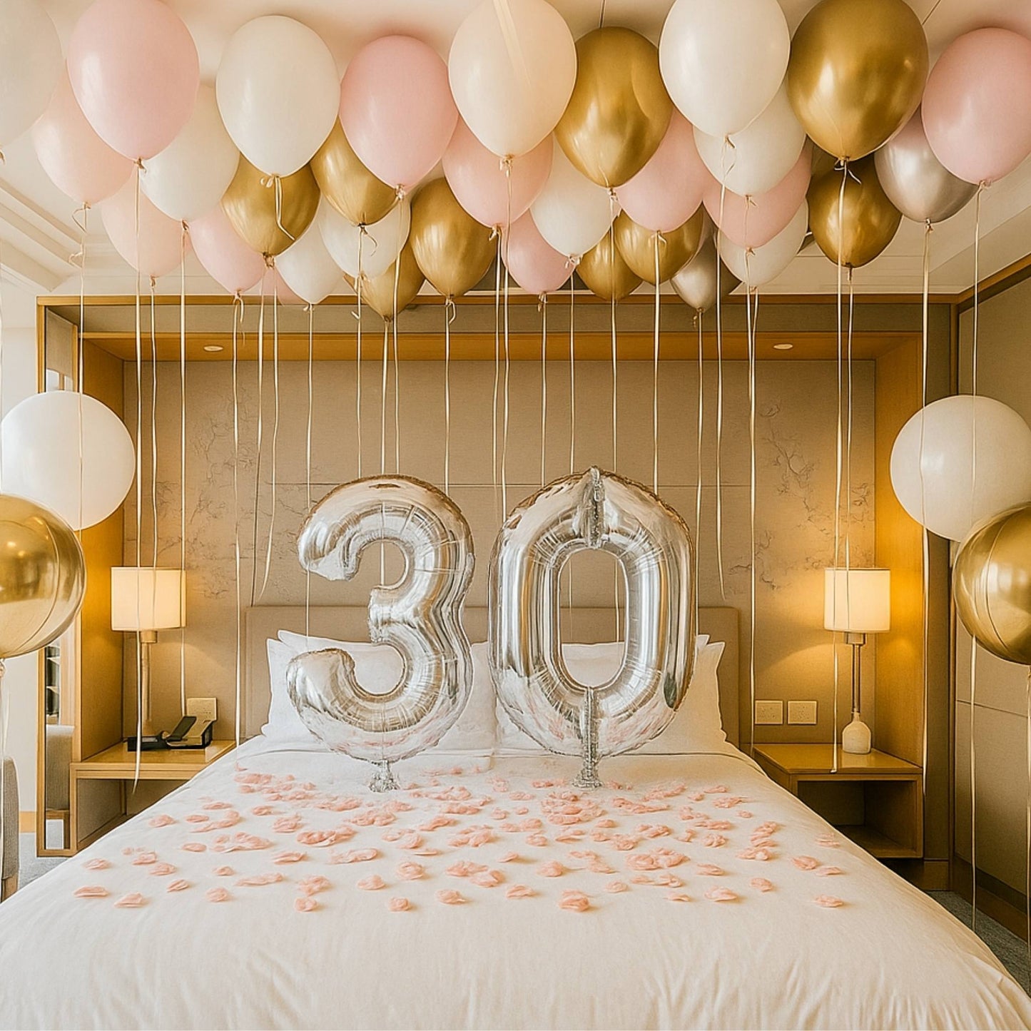 Birthday Decorated bedroom with balloons and '30' balloons over a bed.