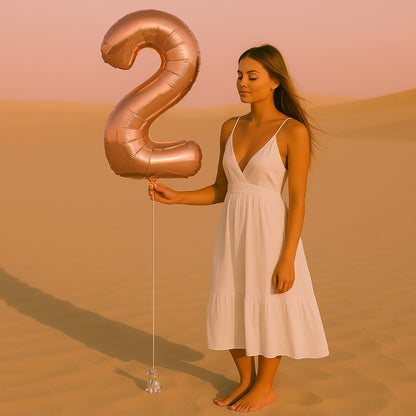 Woman in a white dress holding a large rose gold number two balloon in a desert setting.