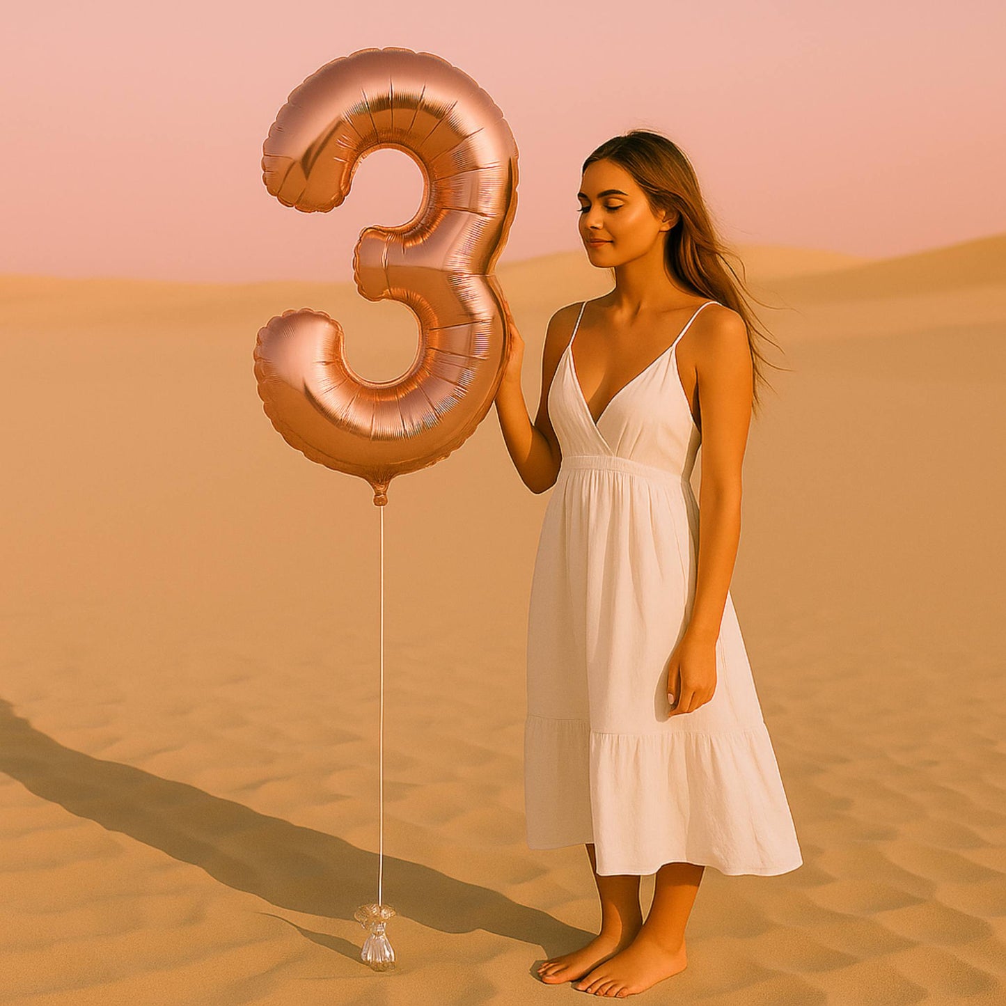 Woman in a white dress holding a large rose gold number three balloon in a desert setting.