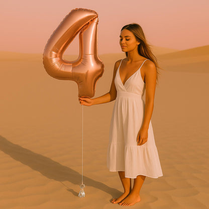 Woman in a white dress holding a large rose gold number '4' balloon in a desert setting.