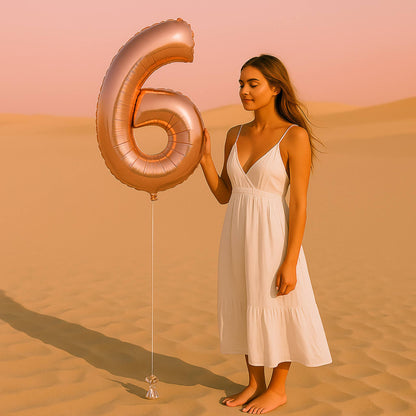 Woman in a white dress holding a large rose gold number '6' balloon in a desert setting.