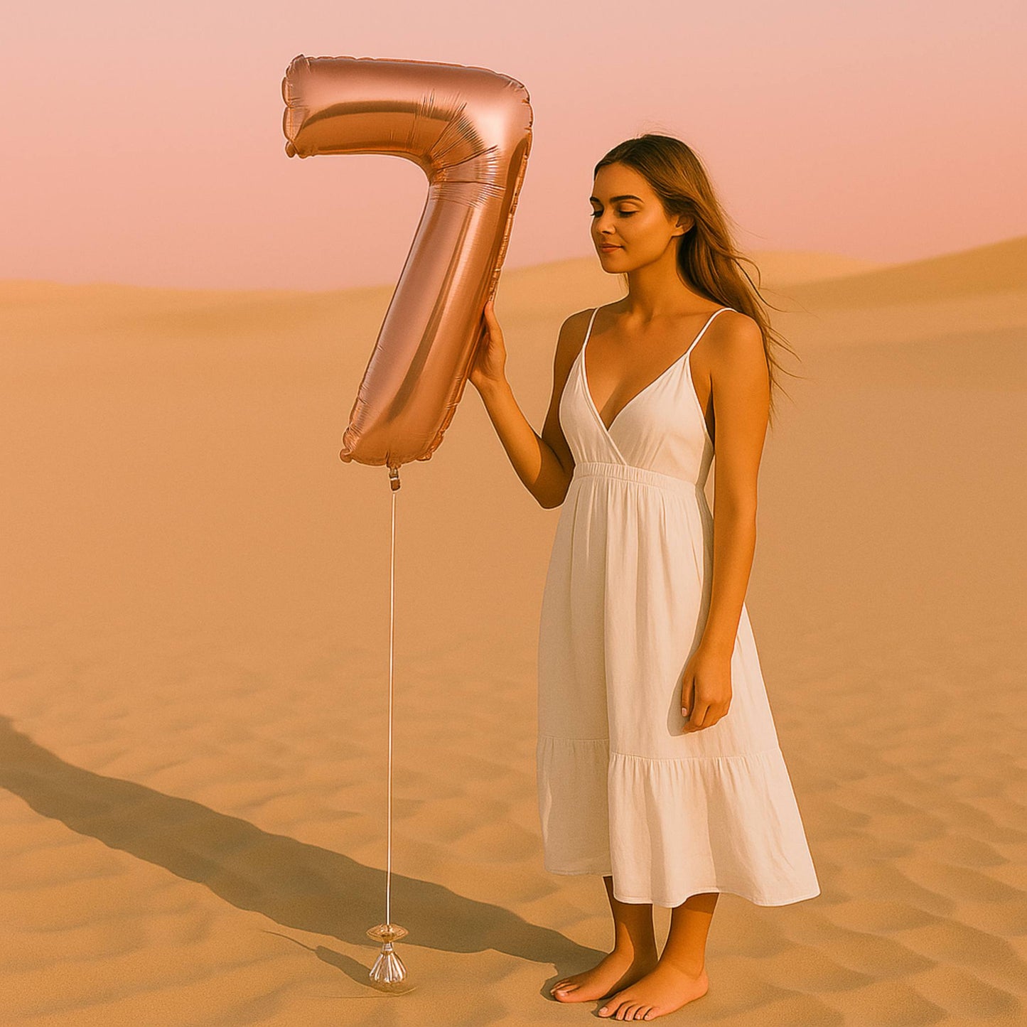 Woman in a white dress holding a large rose gold number 7 balloon in a desert setting.