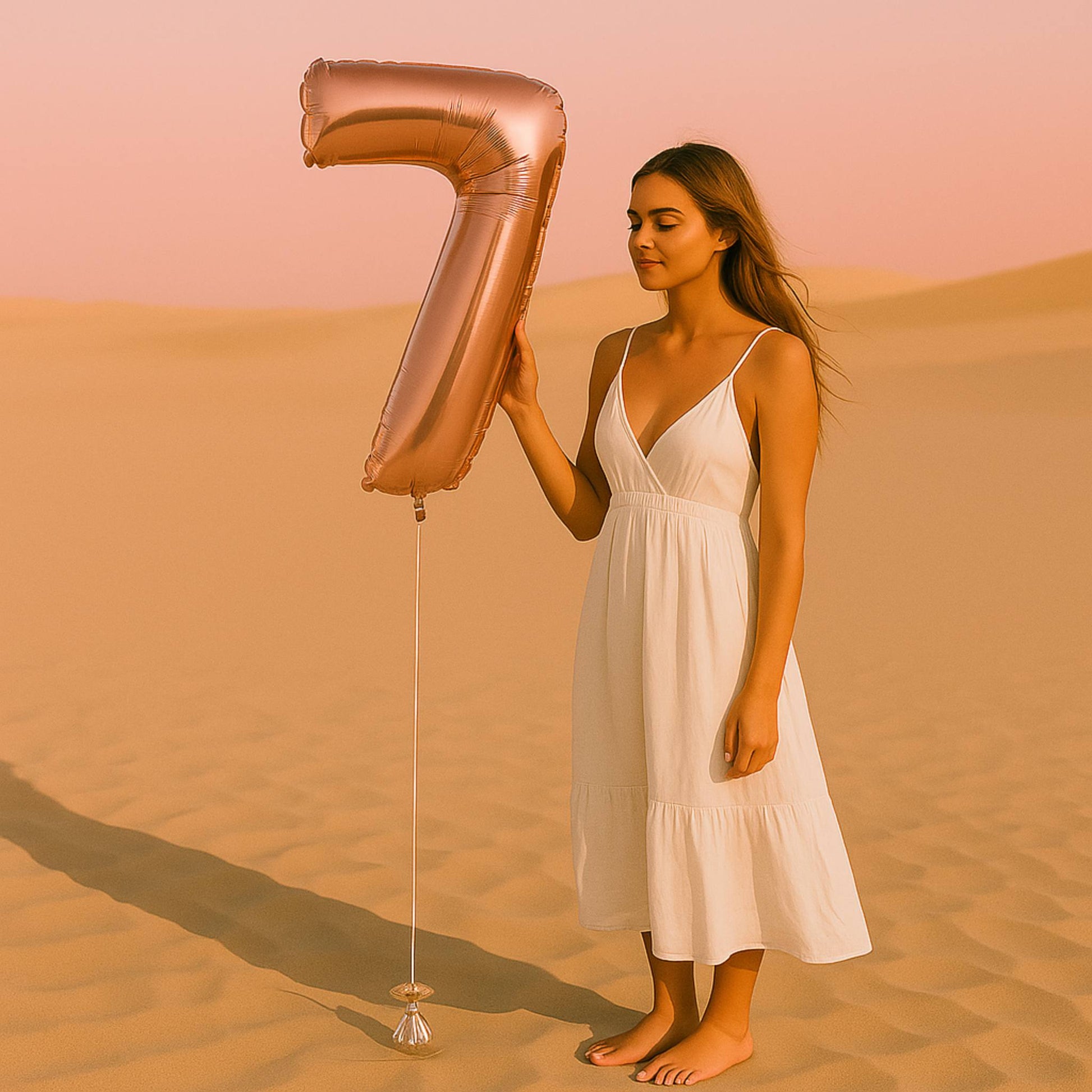 Woman in a white dress holding a large rose gold number 7 balloon in a desert setting.
