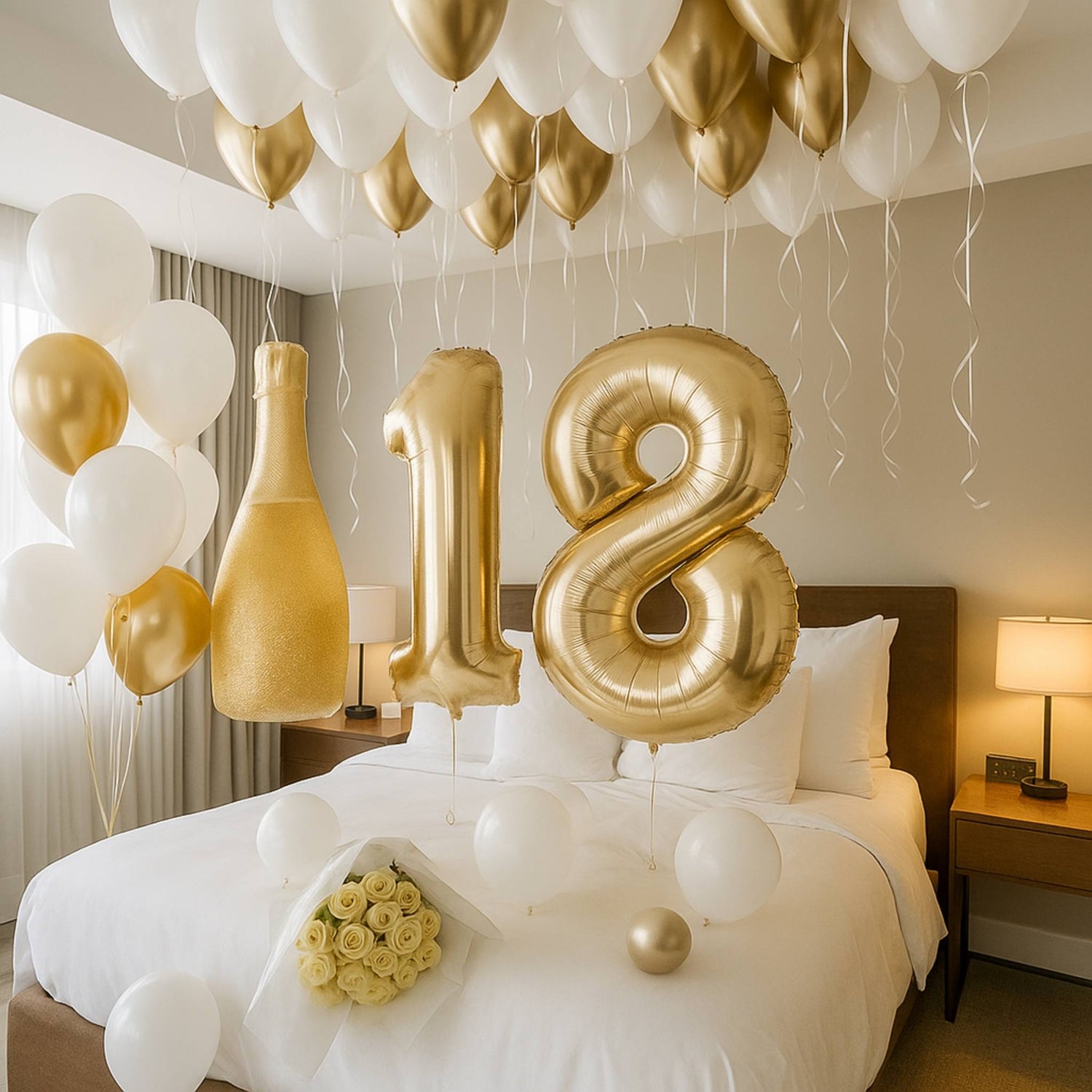 Decorated room with gold '18' balloons, champagne bottle, and flowers on a bed.