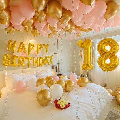 Decorated room with balloons, 'Happy Birthday' and number '18' signs on a bed.