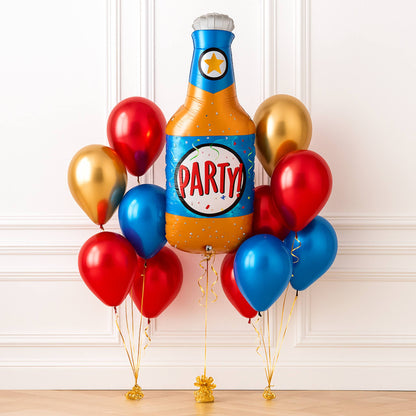Bottle-shaped balloon with 'PARTY!' text surrounded by red, blue, and gold balloons on a white background.
