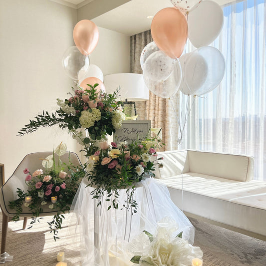 Luxury Proposal Marry Me Fresh Floral and Balloon Bouquets Set Up