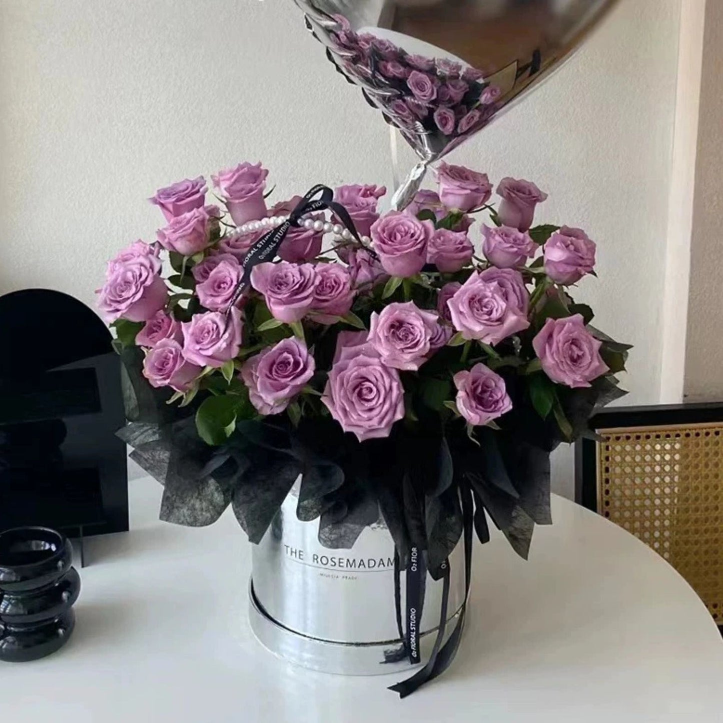 52 fresh purple roses in a bucket with a heart balloon - Qi Flower