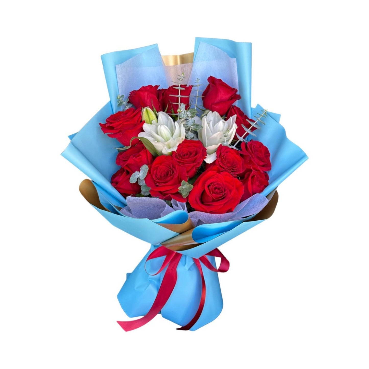 12 red roses blue ocean fresh flower bouquet - Qi Flower