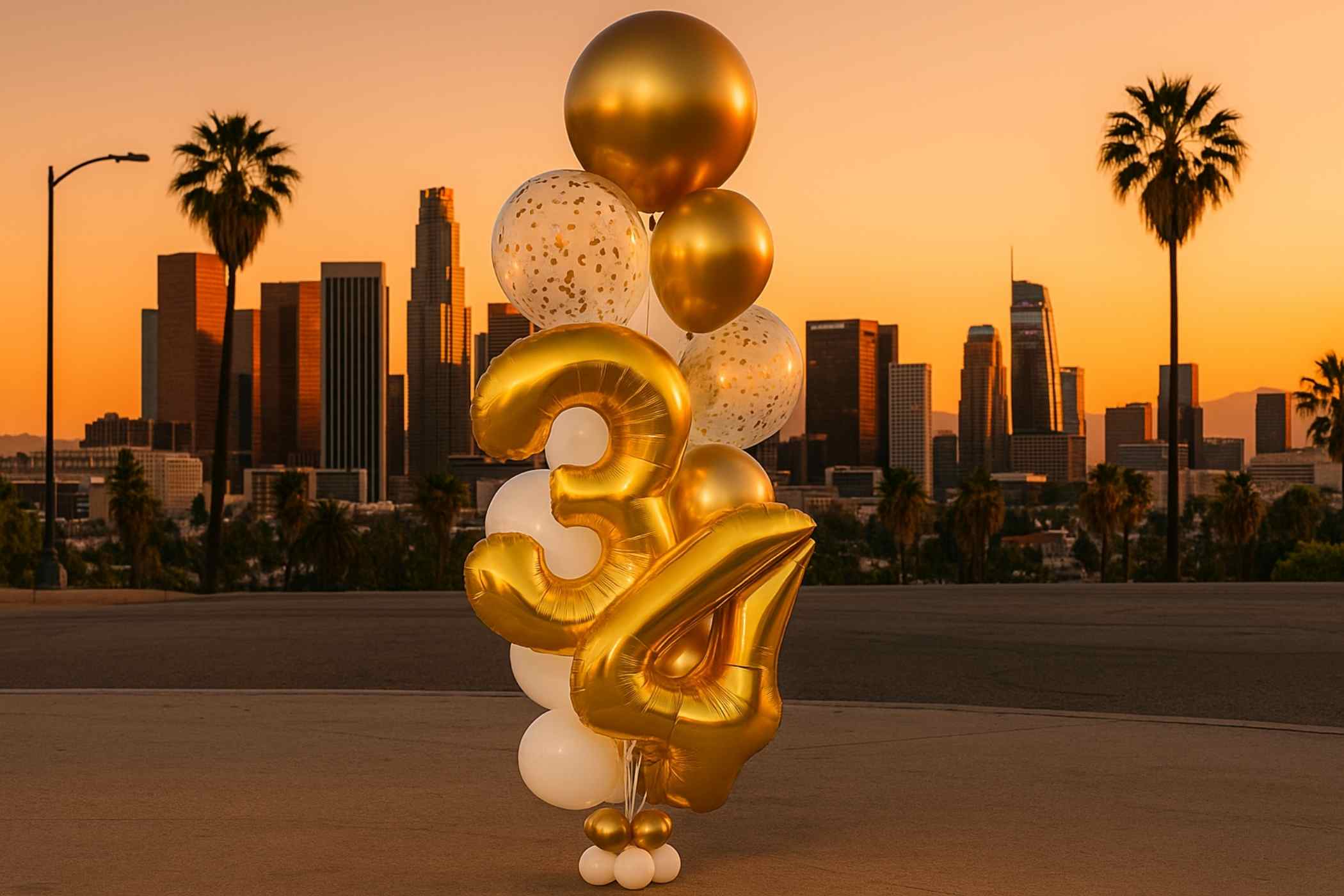 Gold and white balloons with numbers against a city skyline at sunset