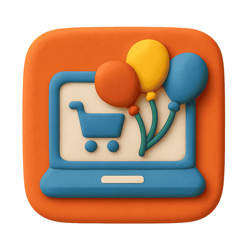Colorful icon with balloons and a shopping cart on an orange border