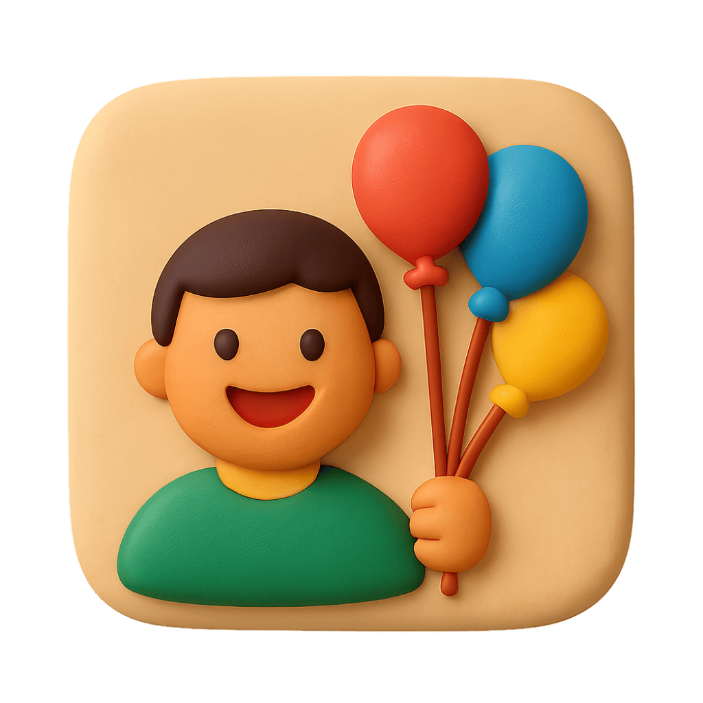 Illustration of a child holding balloons on a beige background