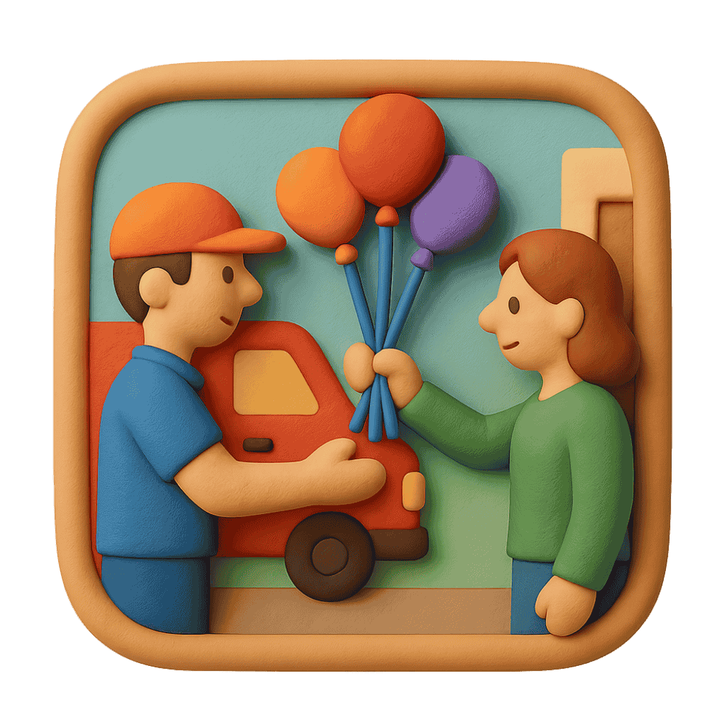 Illustration of a man with a red car handing balloons to a woman against a green background