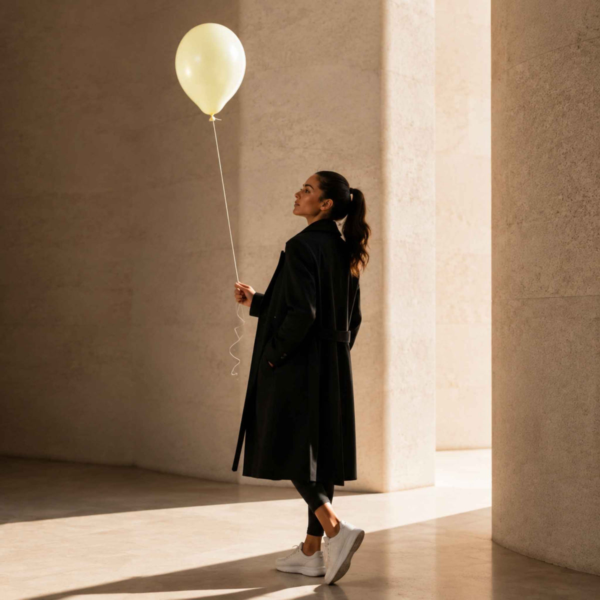 A woman in a long black coat, black leggings, and white sneakers walks through a sunlit architectural space while holding a pale yellow balloon.
