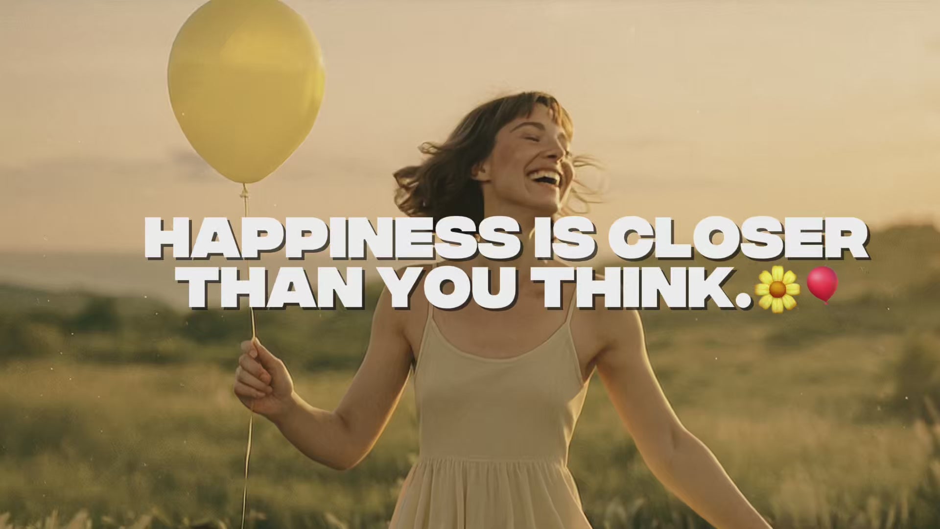Load video: woman smiles in a grass field, yellow latex balloons and a white dress. 