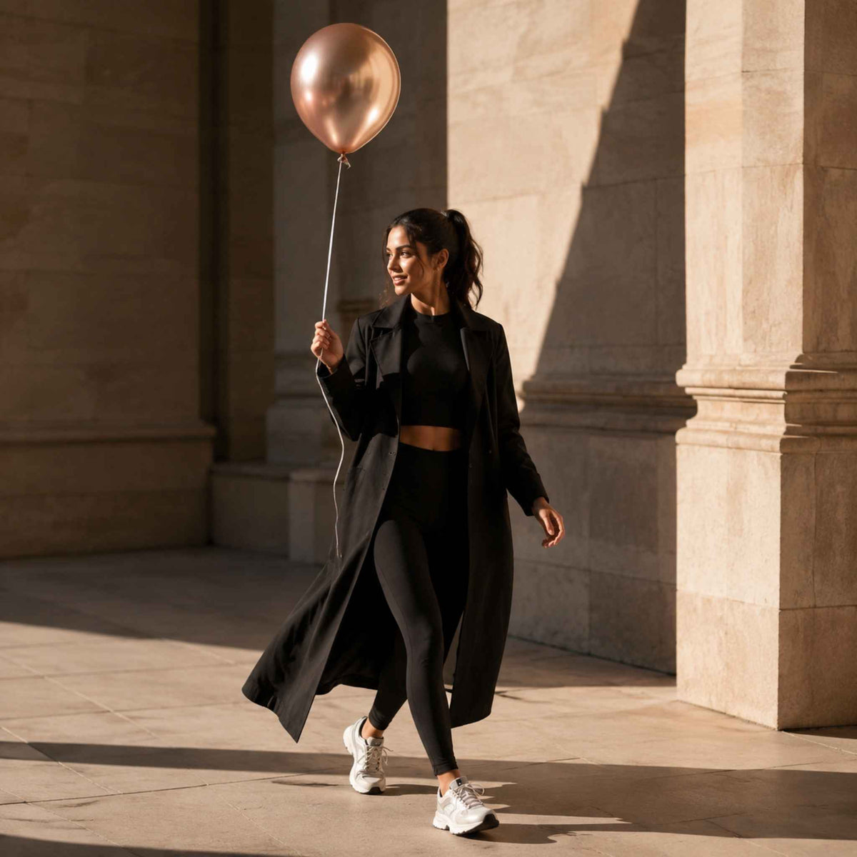 A woman in a black activewear set with a long black coat walks through a sunlit stone corridor while holding a metallic rose gold balloon.