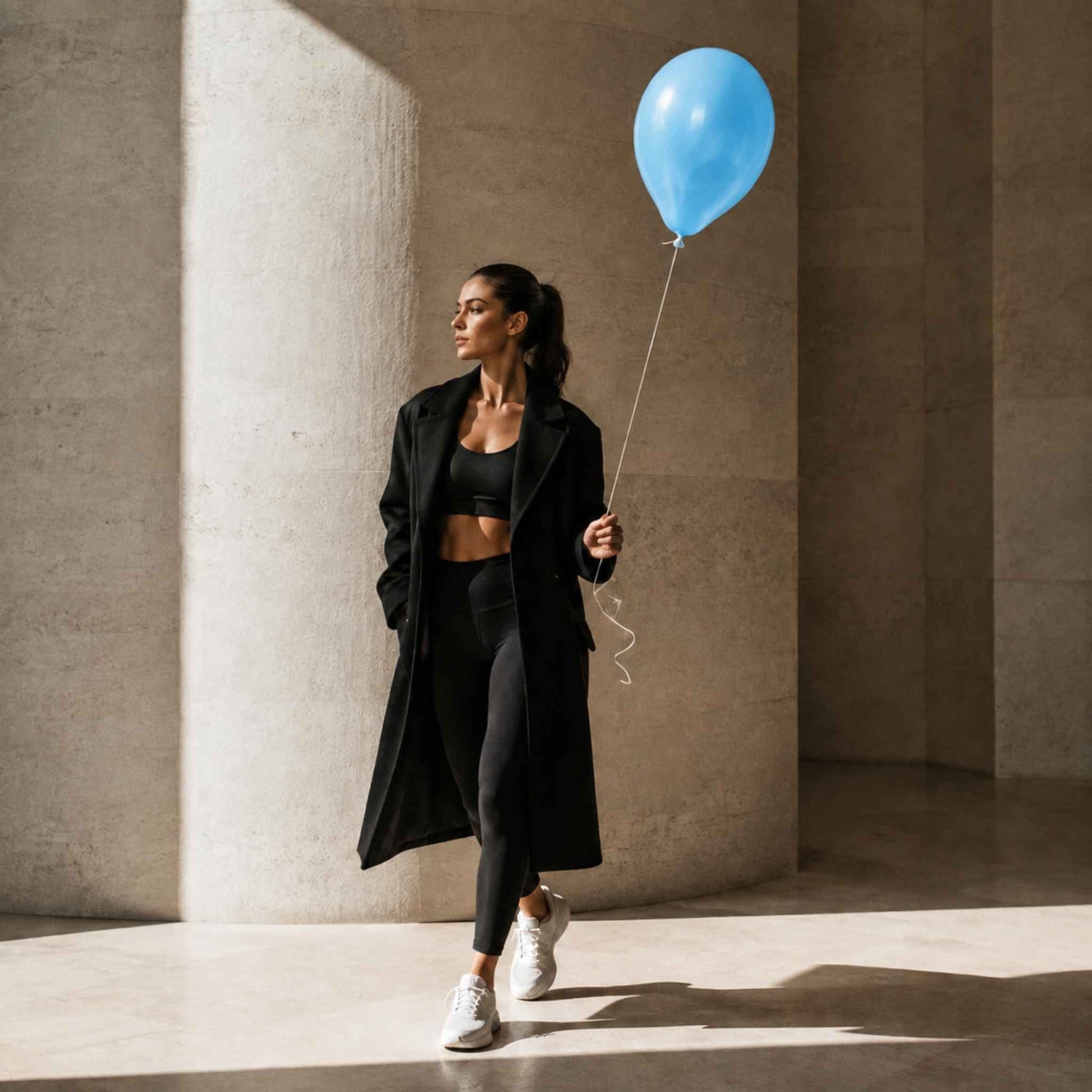 A woman in a black athletic set with a long black coat walks through a sunlit concrete corridor while holding a light blue balloon.