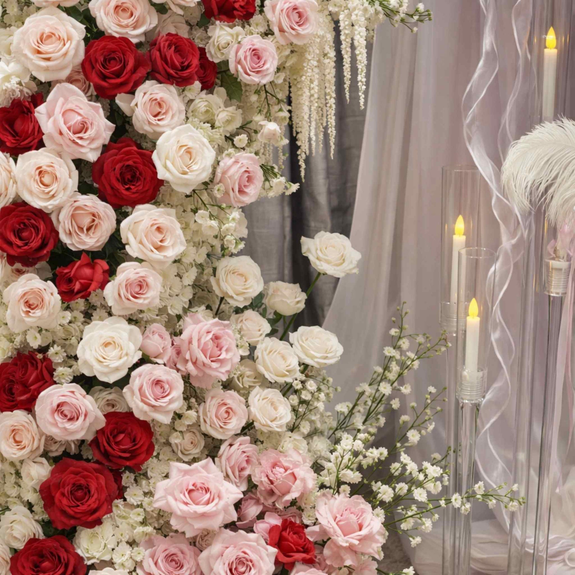 Decorative floral arrangement with red, pink, and white roses against a soft background.