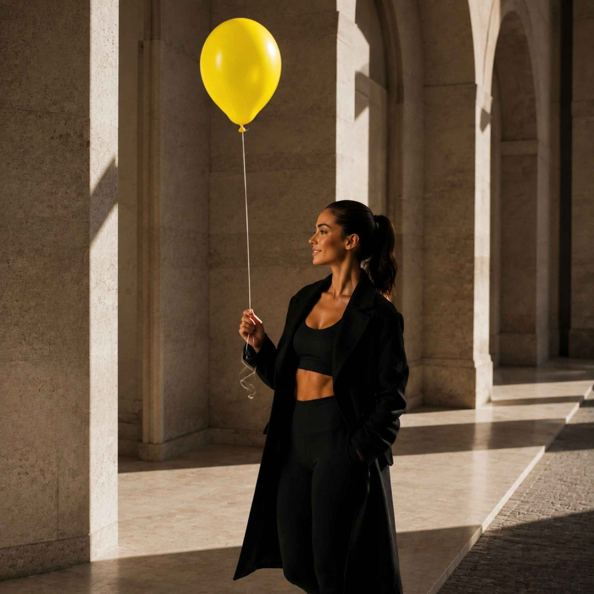 A woman in a black long coat, black crop top, and black leggings walks through a sunlit stone corridor while holding a bright yellow balloon.